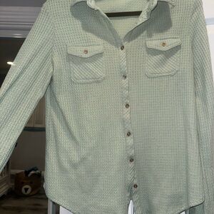 Green Button-Up Waffle Knit Shirt